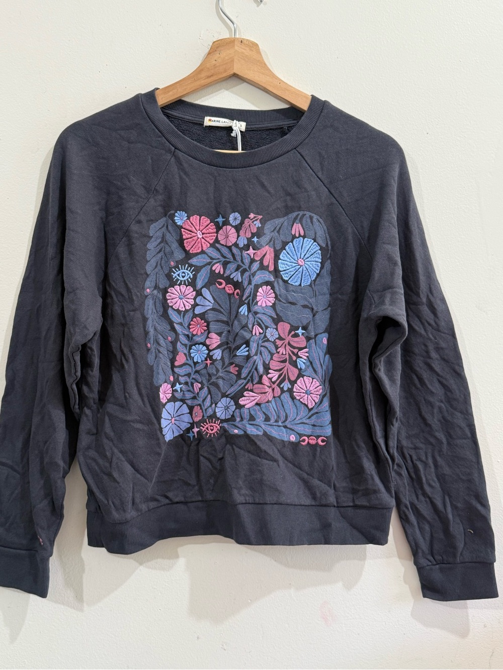Marine Layer Black Sweatshirt with Pink & Blue Floral Print